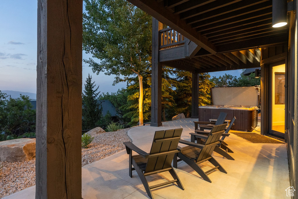 View of patio / terrace featuring a hot tub