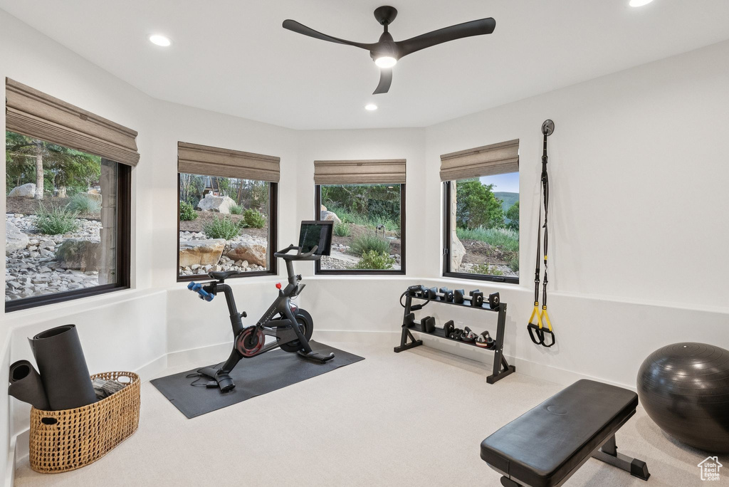 Exercise area featuring a ceiling fan, recessed lighting, and carpet
