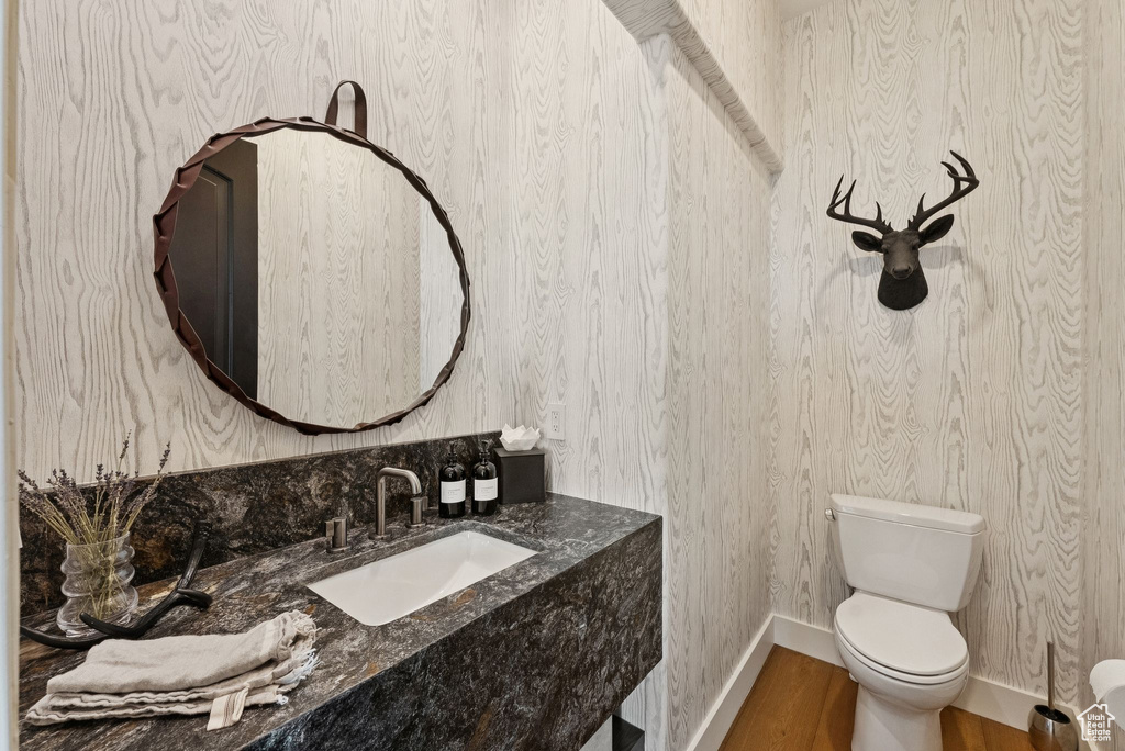 Half bath featuring wood finished floors and vanity