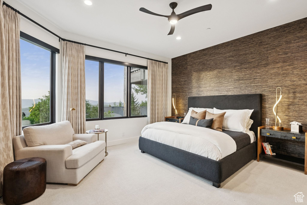 Bedroom featuring recessed lighting, carpet floors, and ceiling fan
