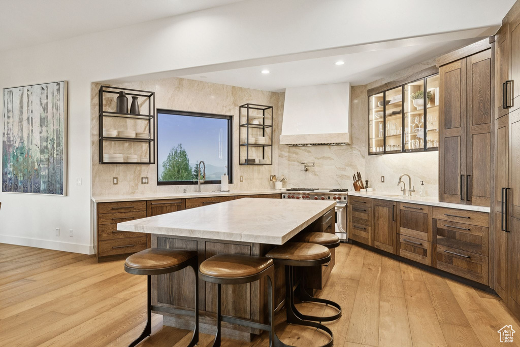 Bar area with custom exhaust hood, high end stove, light wood-style flooring, decorative backsplash, and recessed lighting