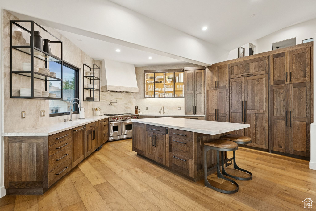 Kitchen featuring premium range hood, appliances with stainless steel finishes, a center island, light wood-style flooring, and decorative backsplash