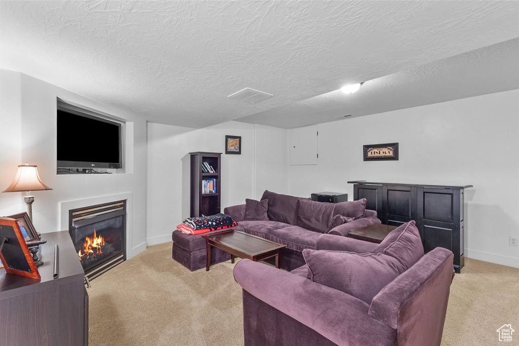 Living area featuring light carpet, a glass covered fireplace, and a textured ceiling