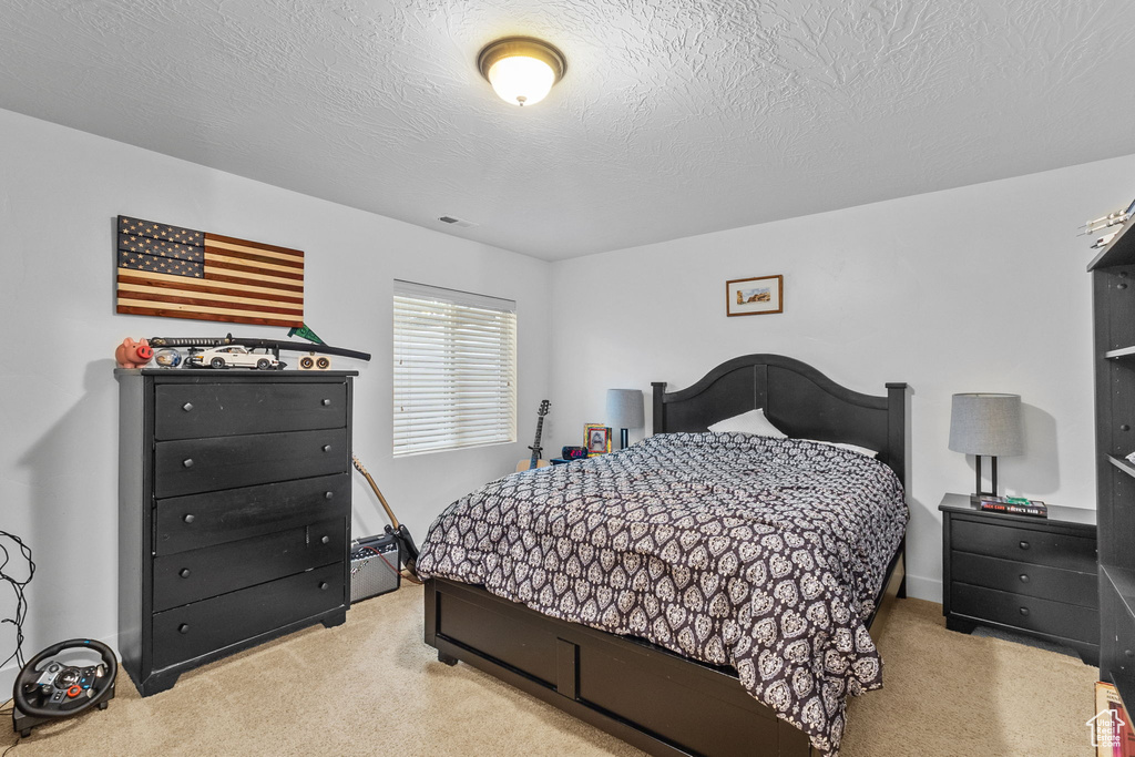 Carpeted bedroom with a textured ceiling