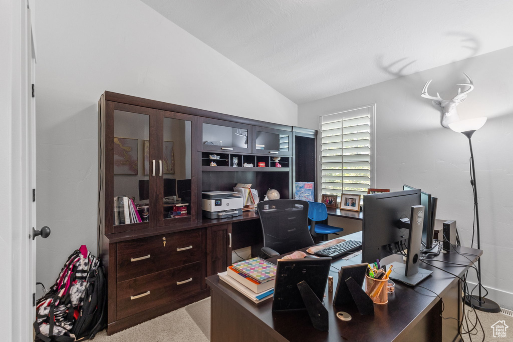 Office featuring vaulted ceiling