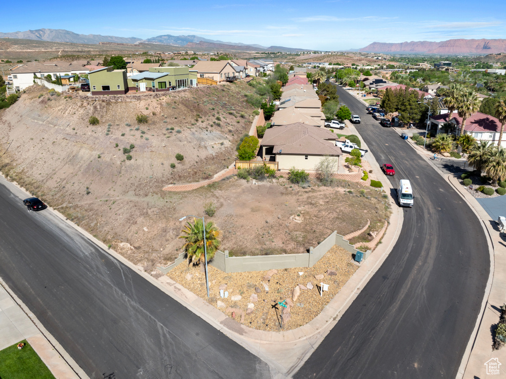 Aerial view of residential area with mountains