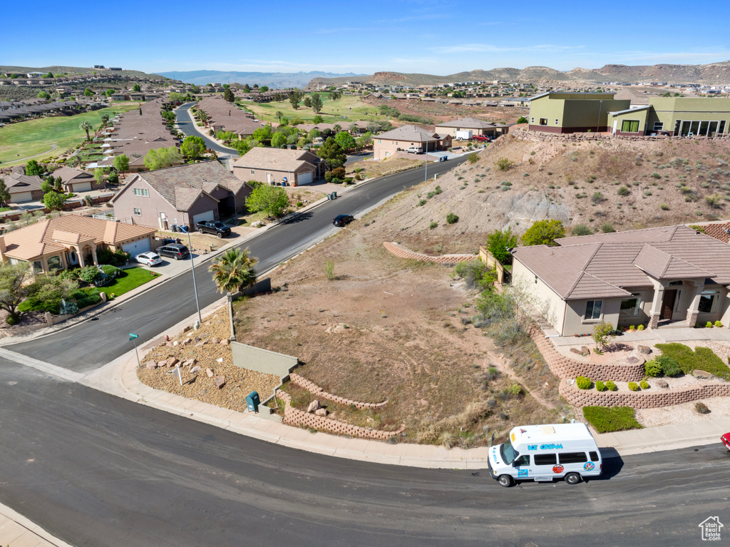 Aerial view of residential area with mountains