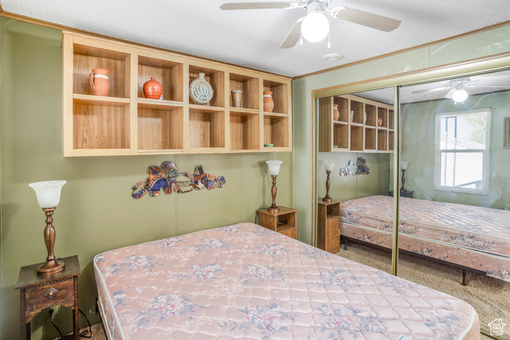 Carpeted bedroom featuring a closet and a ceiling fan