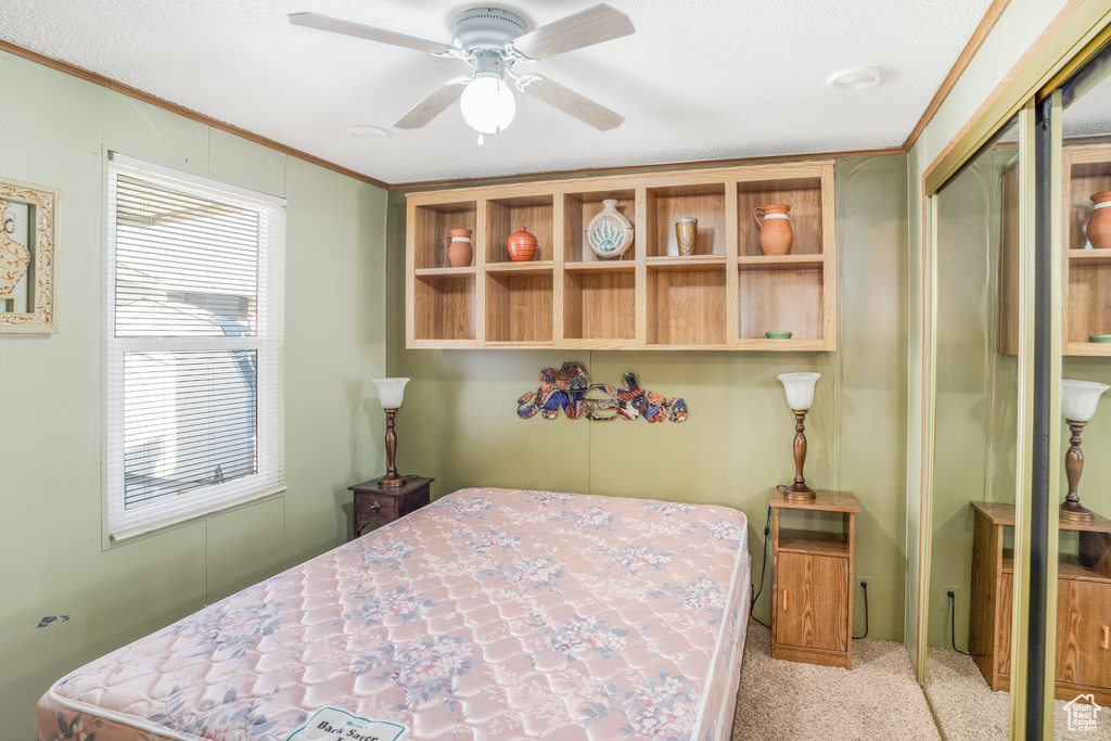 Bedroom featuring carpet flooring, a closet, ornamental molding, and ceiling fan