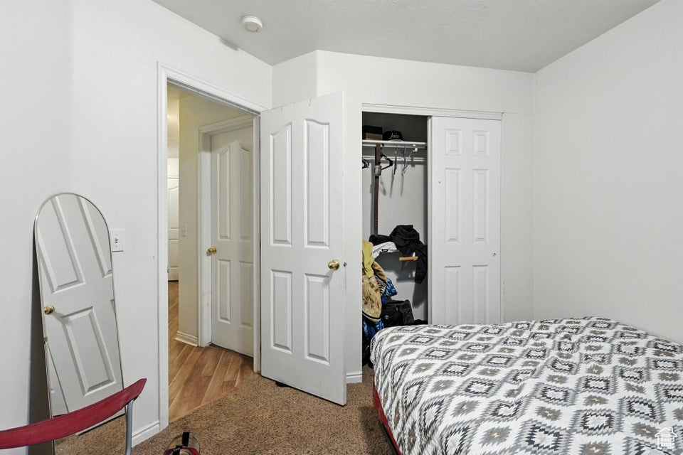 Bedroom with carpet flooring and a closet