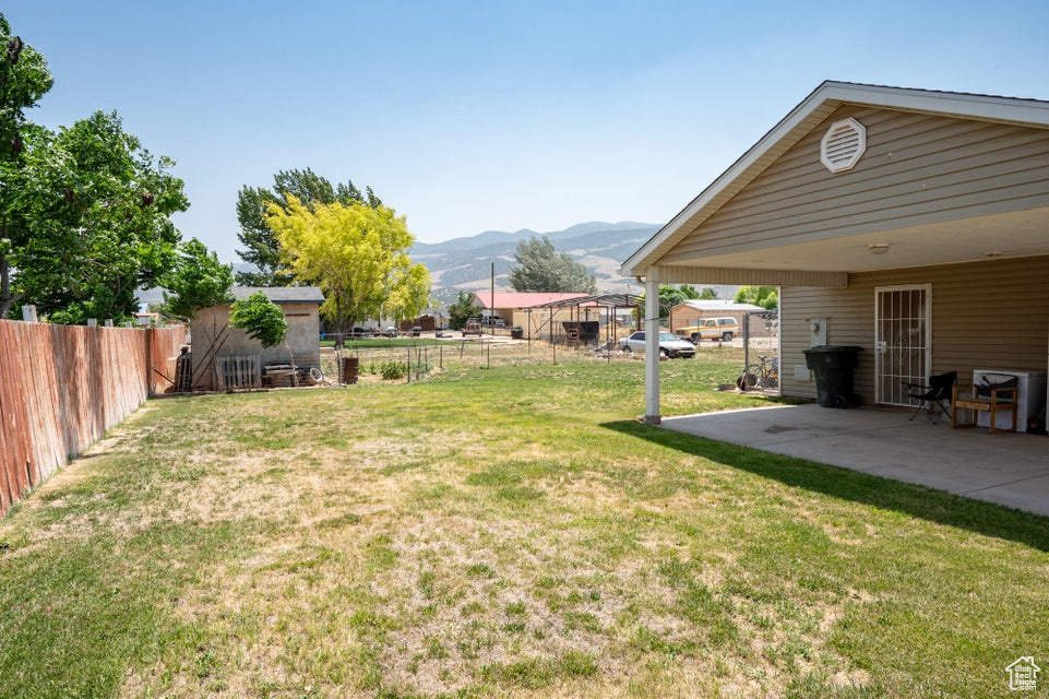 Fenced backyard featuring a mountain view, a patio, and a storage unit