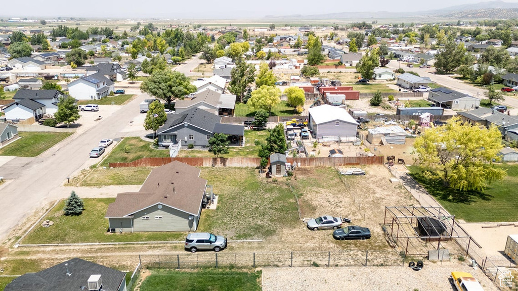 Aerial view of residential area with mountains