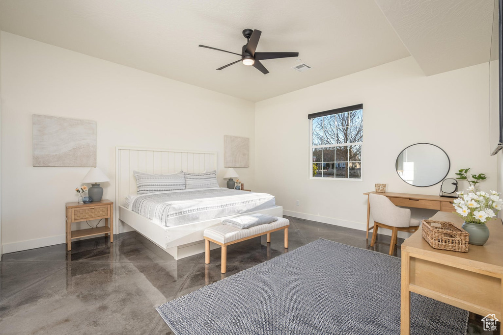 Bedroom with baseboards and ceiling fan