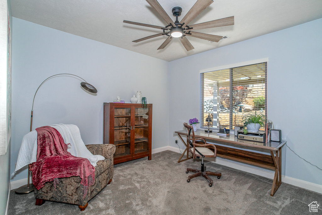 Office area with carpet and ceiling fan