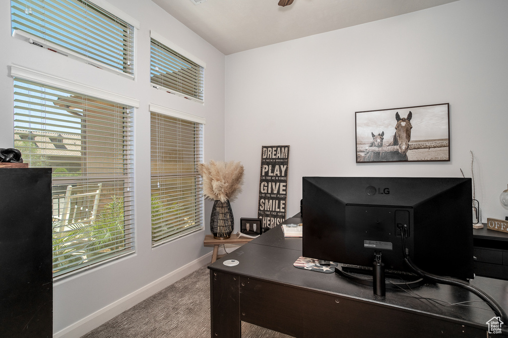 Carpeted office space with baseboards