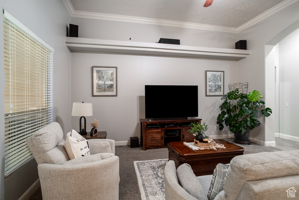 Living area featuring carpet, ornamental molding, arched walkways, and ceiling fan
