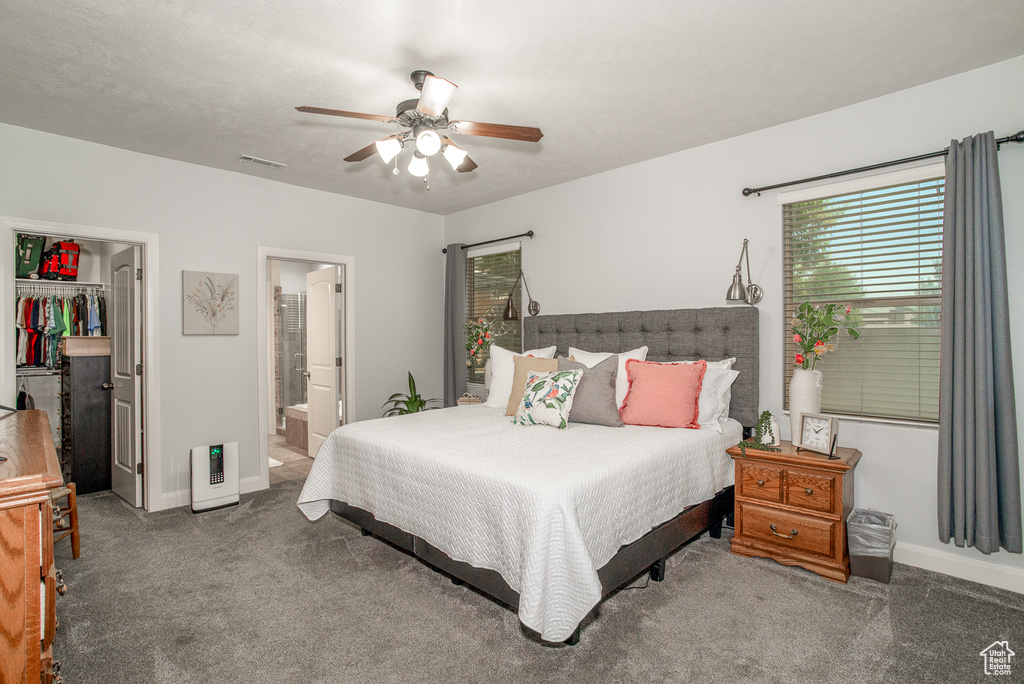 Bedroom featuring a walk in closet, carpet flooring, a closet, a ceiling fan, and ensuite bathroom