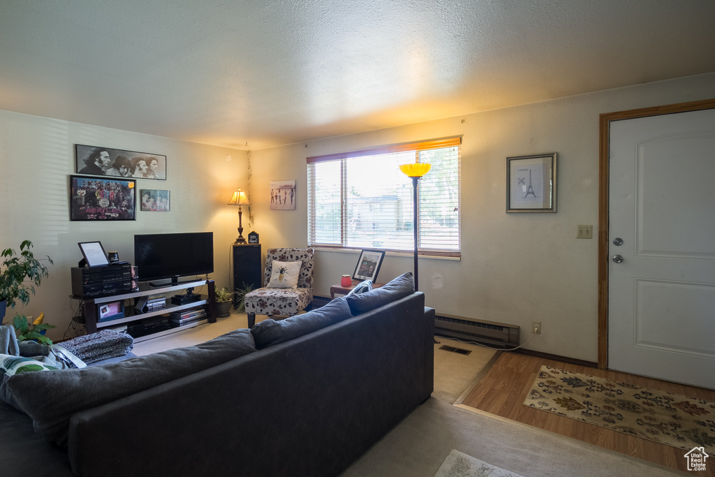 Living area featuring baseboard heating and wood finished floors