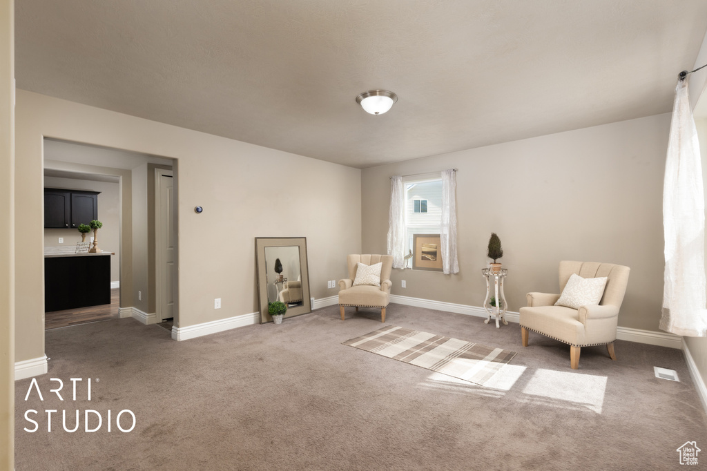 Sitting room with carpet and baseboards