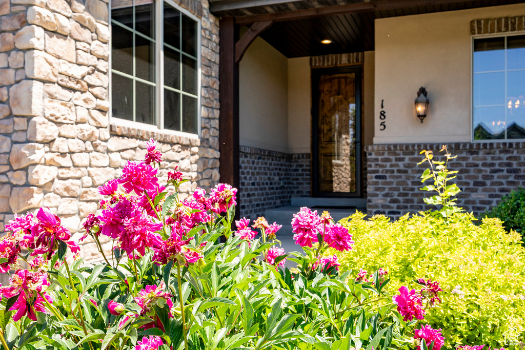 View of exterior entry with brick siding and stone siding