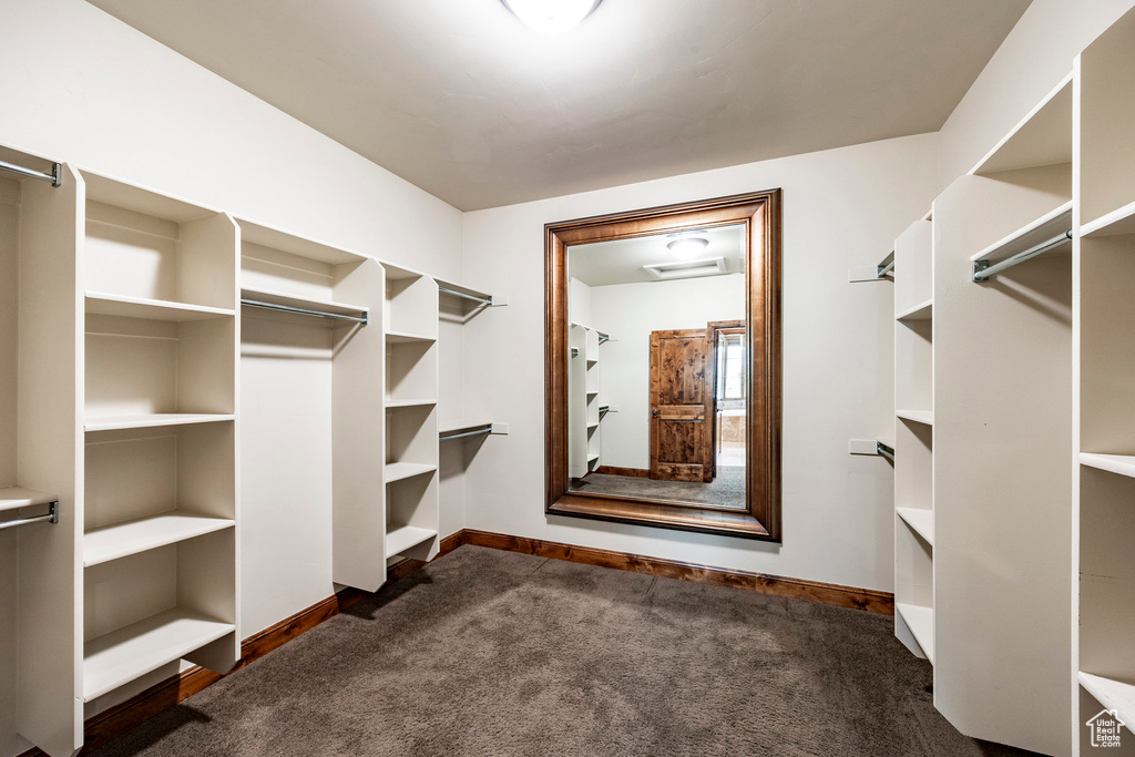 Walk in closet featuring dark carpet