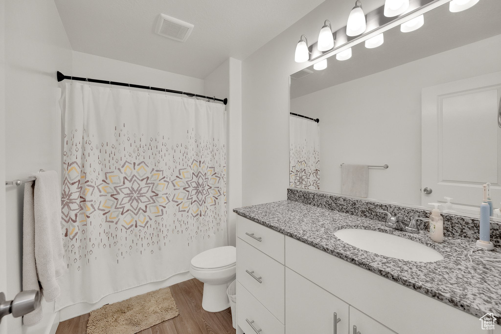 Full bathroom featuring vanity, wood finished floors, and curtained shower