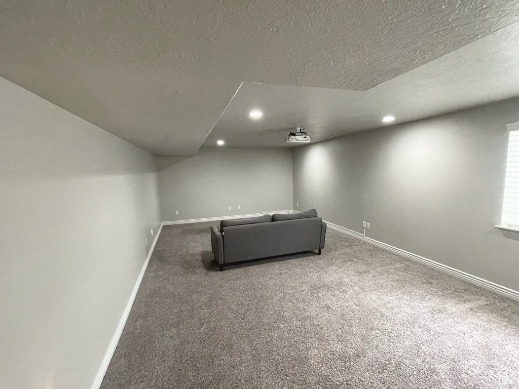 Home theater room with carpet floors, recessed lighting, and a textured ceiling