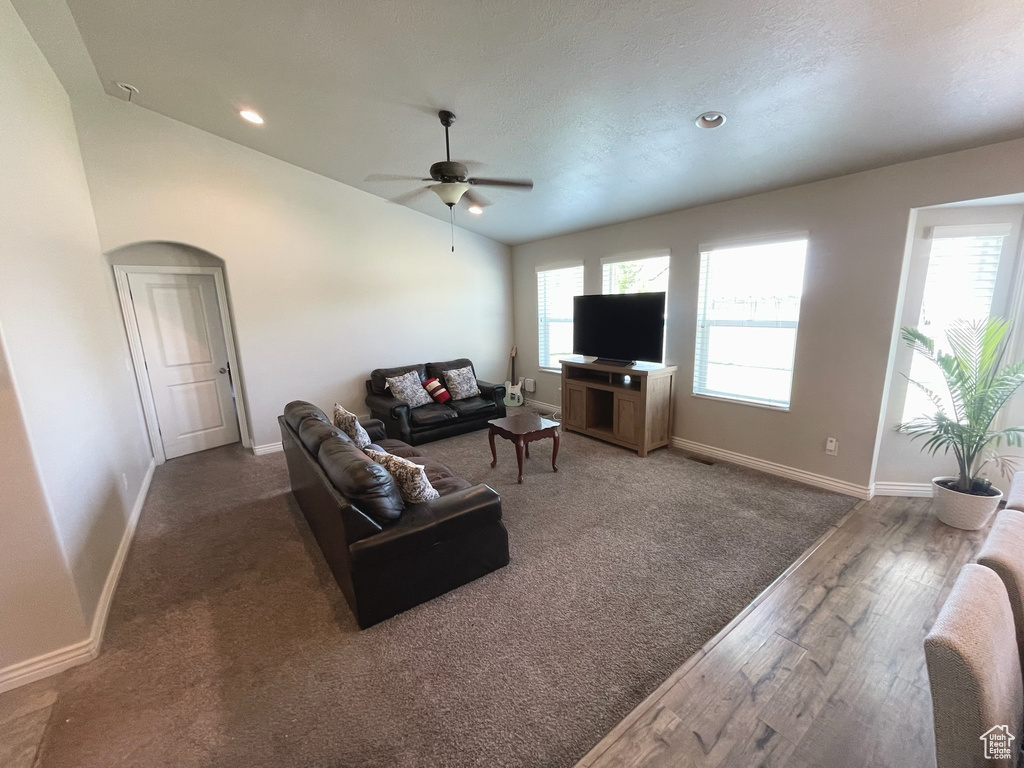 Living room featuring a ceiling fan, wood finished floors, vaulted ceiling, and recessed lighting