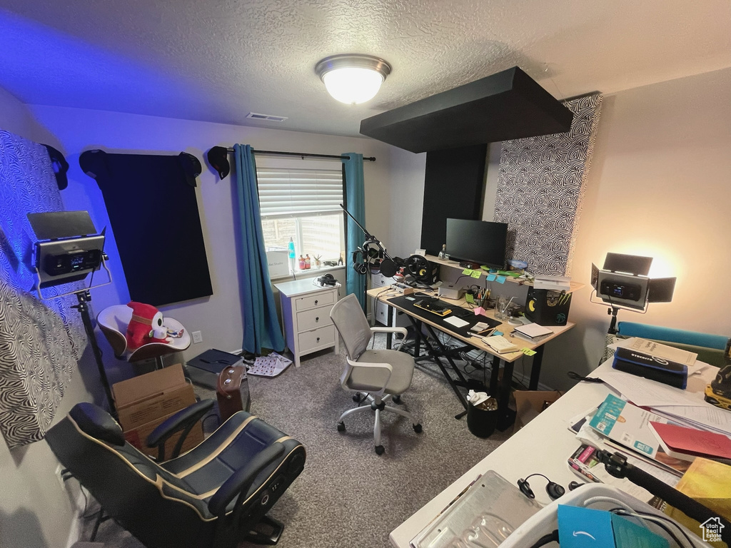 Carpeted home office with a textured ceiling