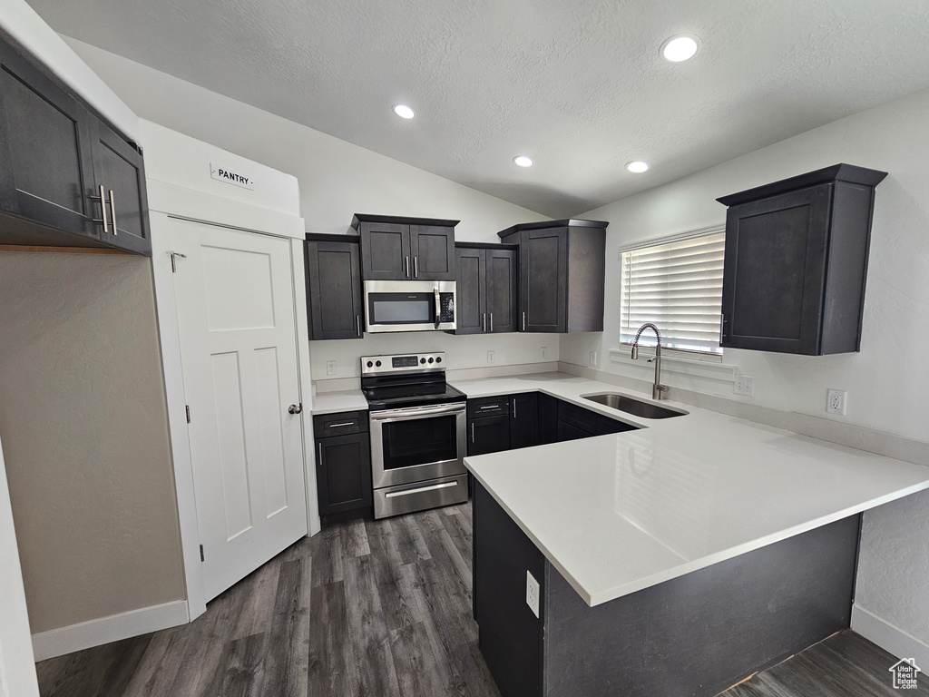 Kitchen featuring stainless steel appliances, a textured ceiling, lofted ceiling, dark wood-style flooring, and a peninsula