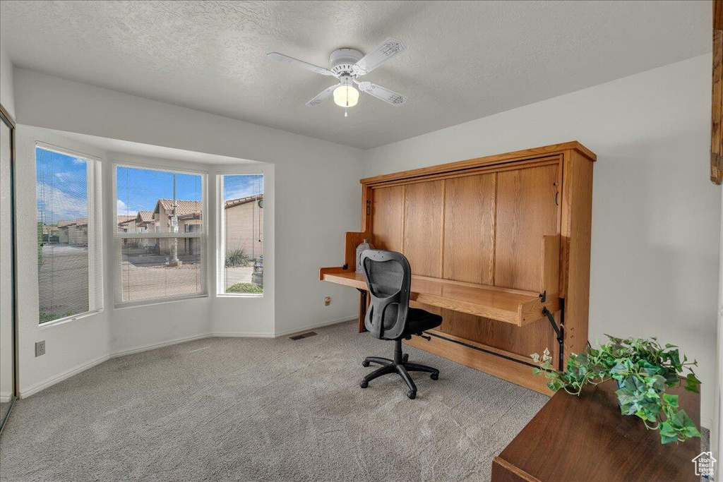 Office space featuring carpet, a textured ceiling, and ceiling fan