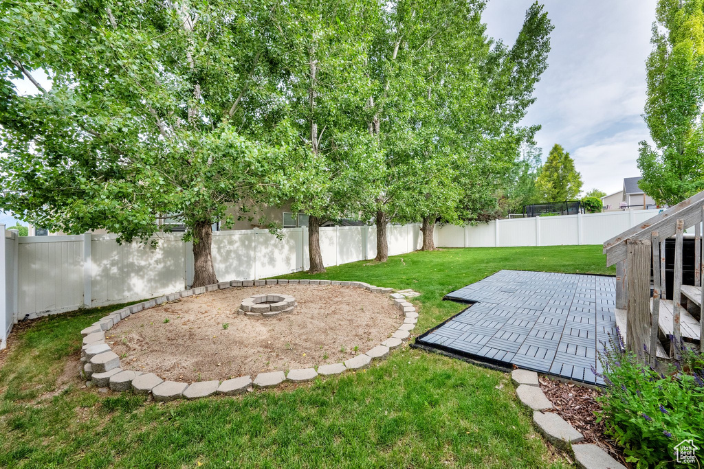 Fenced backyard featuring an outdoor fire pit and a patio
