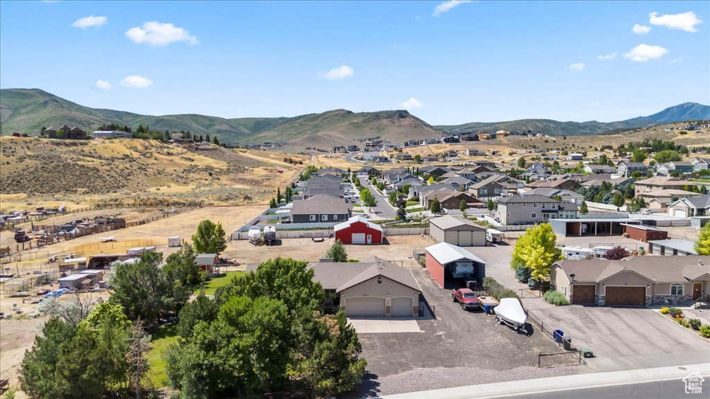 Aerial perspective of suburban area featuring a mountainous background