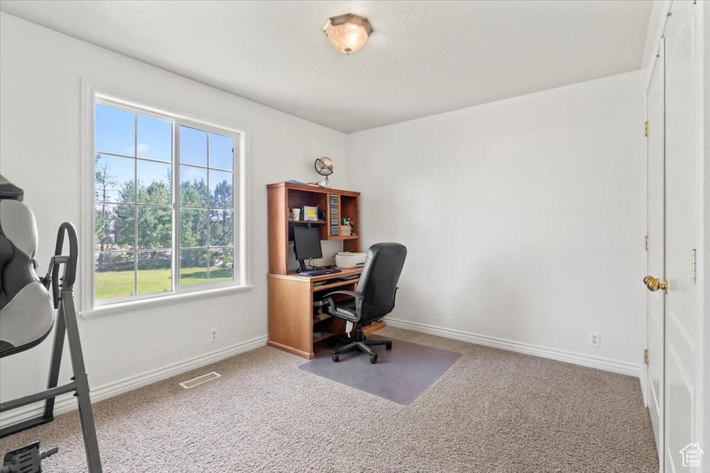 Carpeted home office with healthy amount of natural light