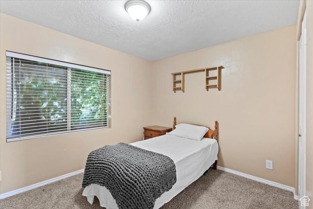 Bedroom featuring carpet floors and a textured ceiling
