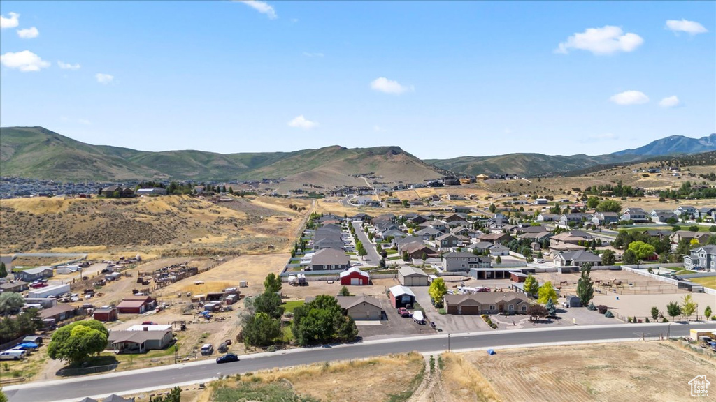 Aerial perspective of suburban area with mountains