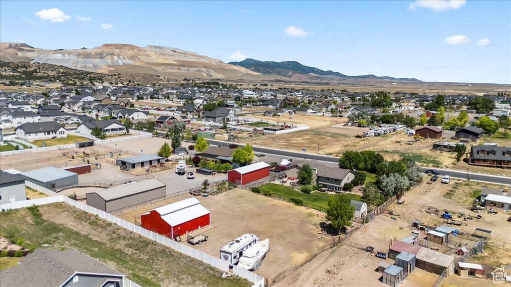 Aerial perspective of suburban area with mountains