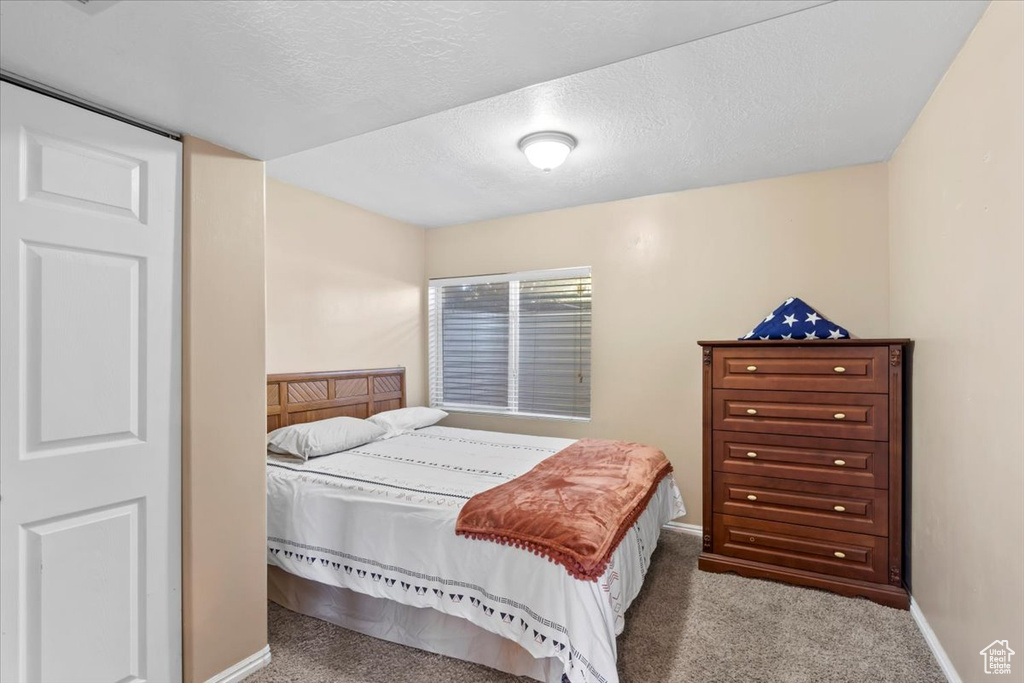 Carpeted bedroom featuring baseboards and a textured ceiling