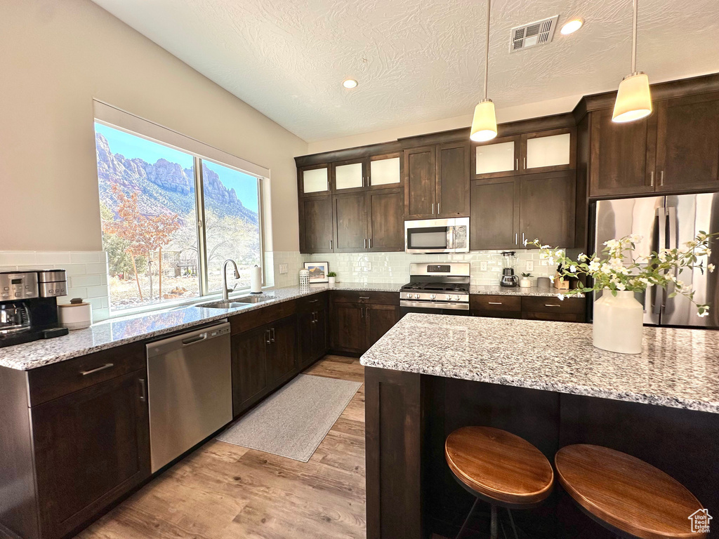 Kitchen featuring stainless steel appliances, dark brown cabinetry, light wood-type flooring, tasteful backsplash, and glass insert cabinets