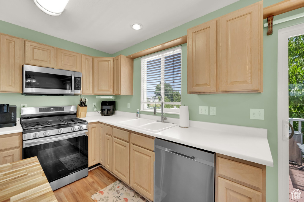 Kitchen featuring stainless steel appliances, light brown cabinets, and light countertops