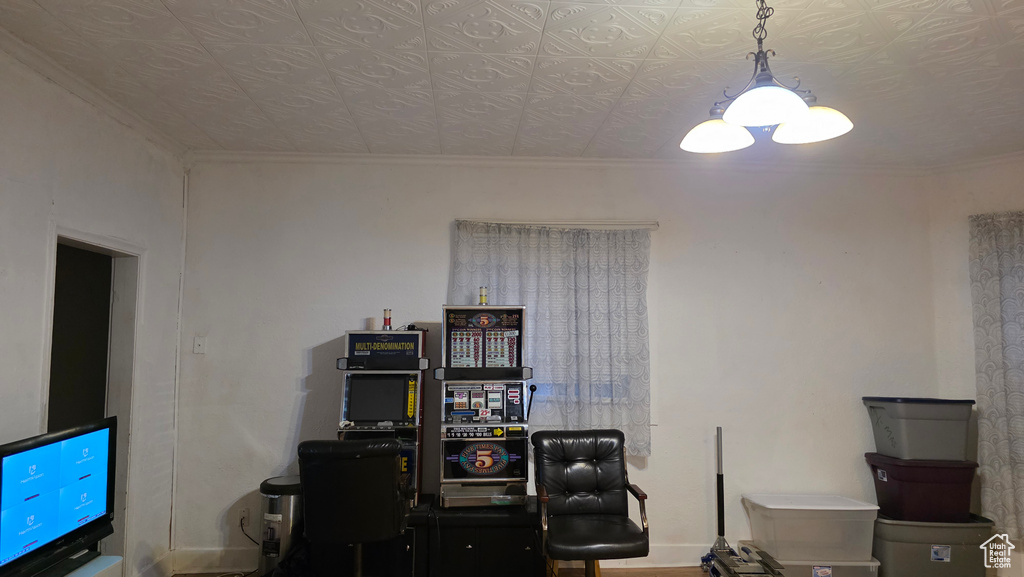 Home office with ornamental molding
