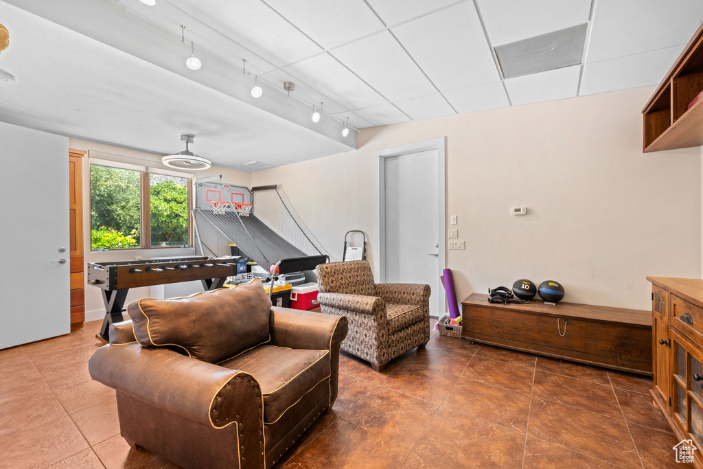 Living area featuring rail lighting