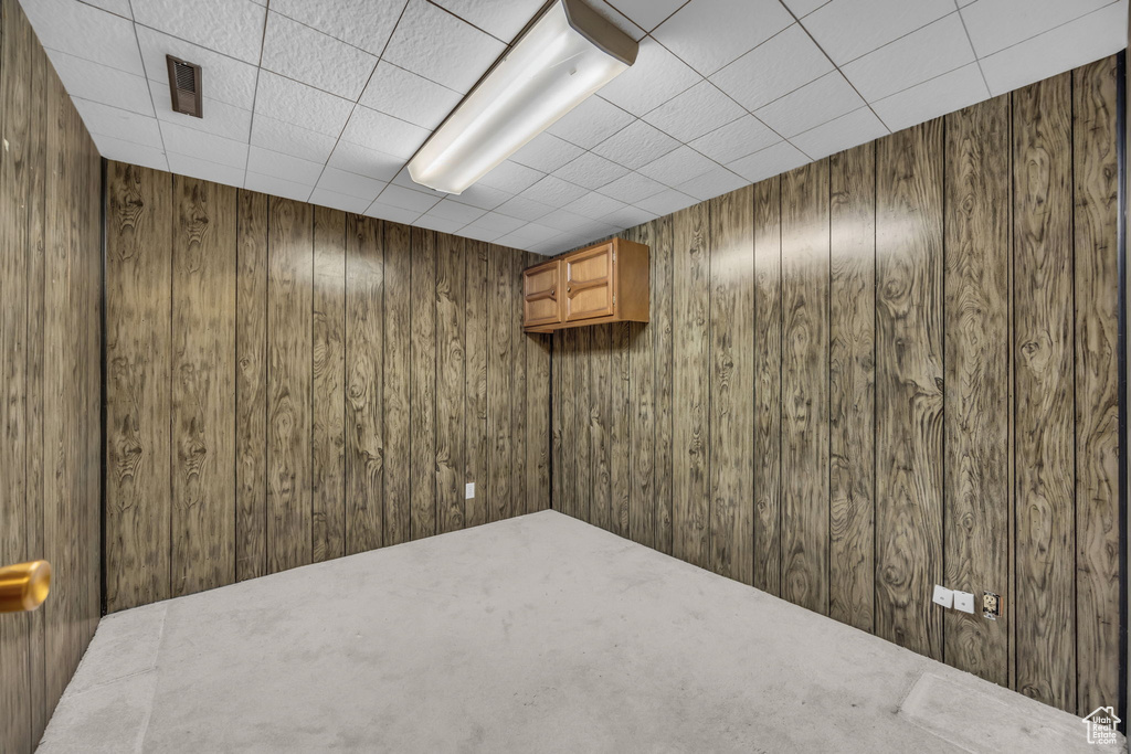 Finished basement with wood walls and carpet flooring