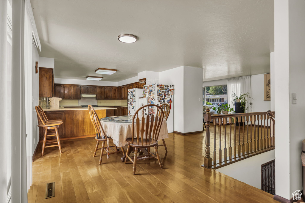 Dining area featuring light wood finished floors