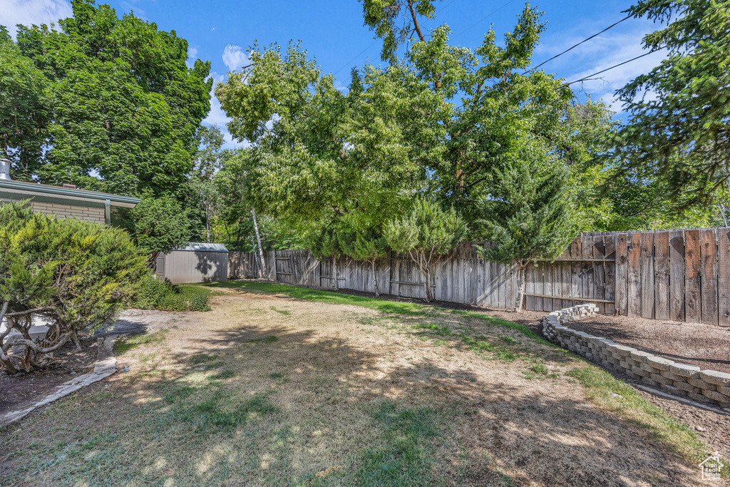 Fenced backyard with a shed