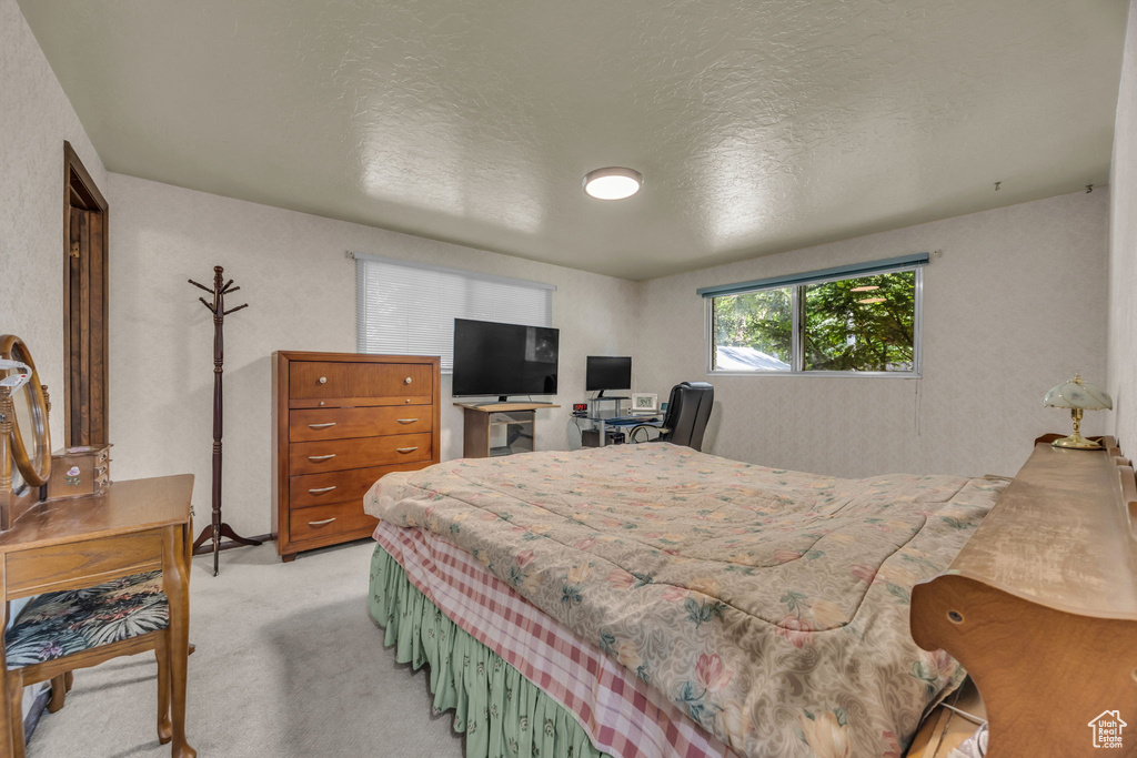 Carpeted bedroom featuring a textured ceiling