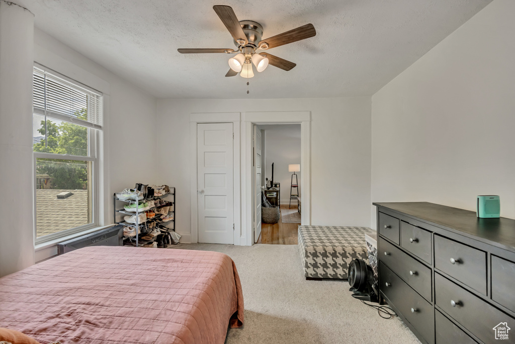 Carpeted bedroom with a ceiling fan