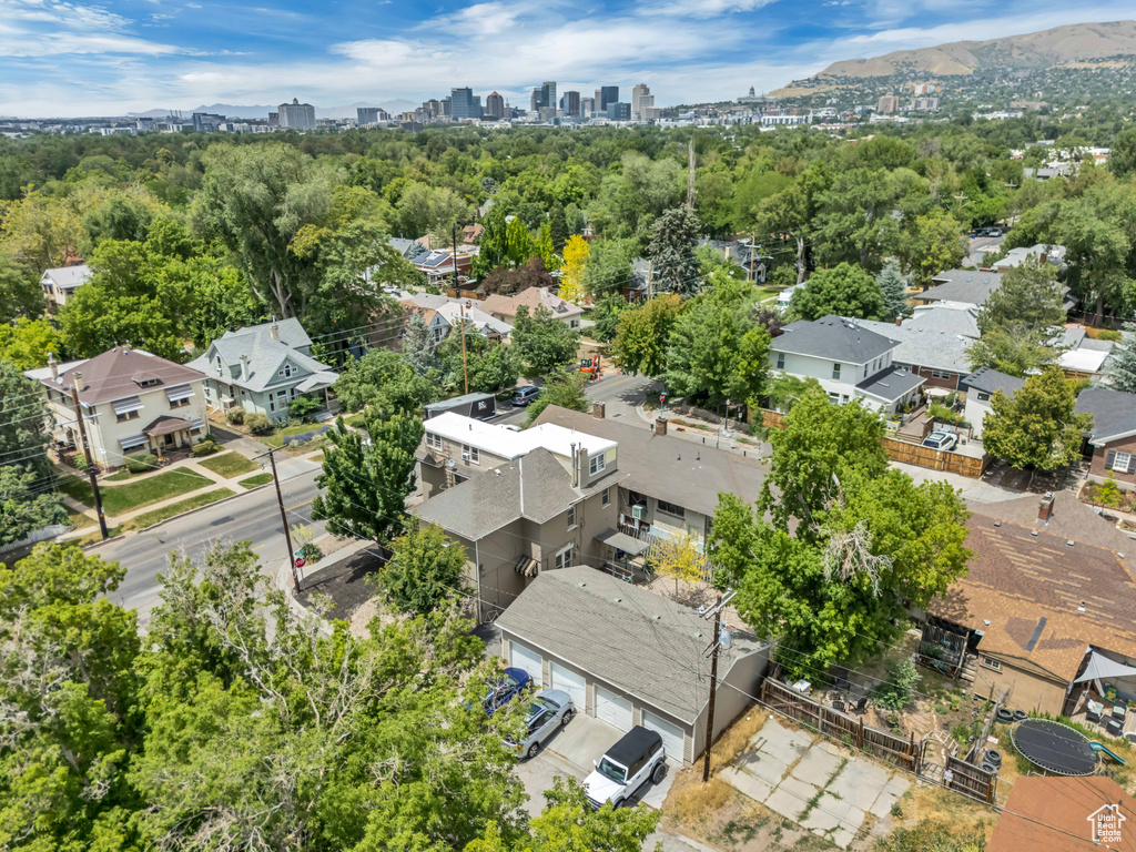 Aerial perspective of suburban area featuring city skyline