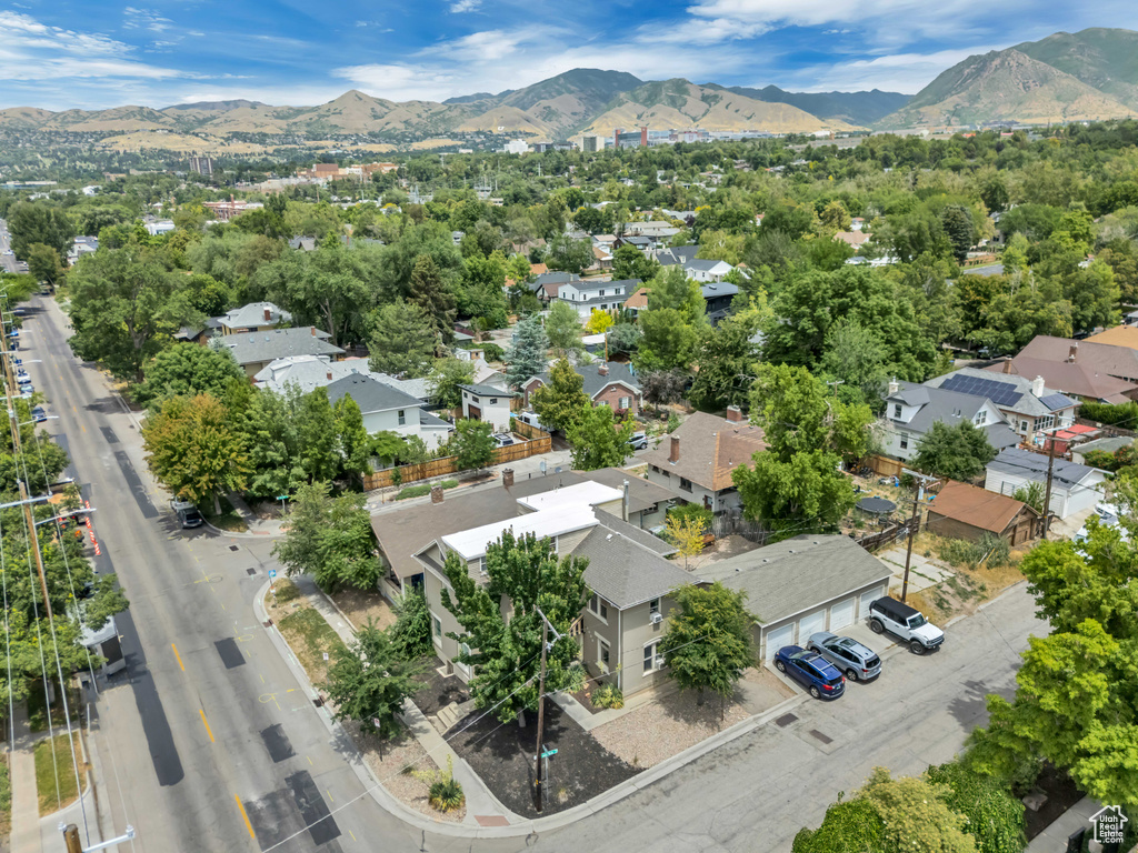 Aerial view of residential area with a mountain backdrop