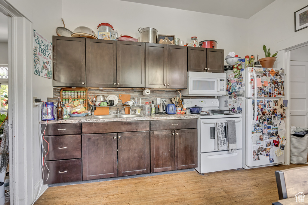 Kitchen featuring white appliances, dark brown cabinetry, tasteful backsplash, light wood-style flooring, and light countertops